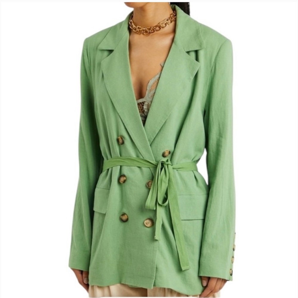 Free People Olivia Blazer Linen Green Womens Small Oversized Belted‎ Lightweight